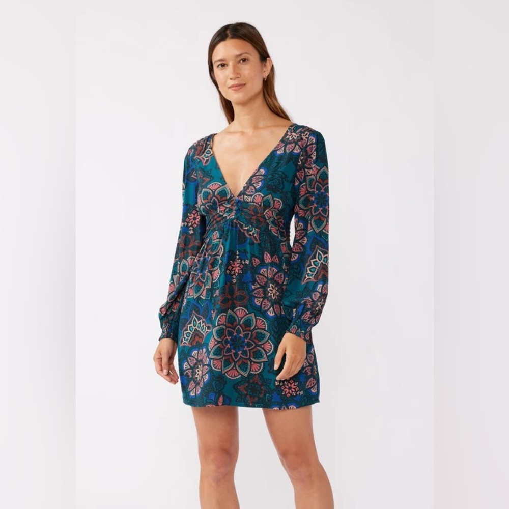 Love stitch josephine boho print multicolor mini dress balloon sleeves‎ size M